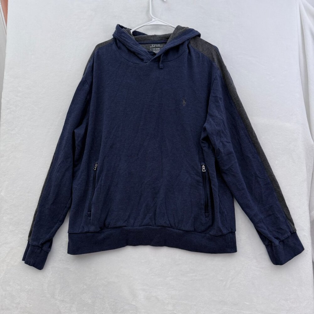 Polo Ralph Lauren Hoodie Mens L Blue Sweatshirt Pullover Zipper Pocket Pony
